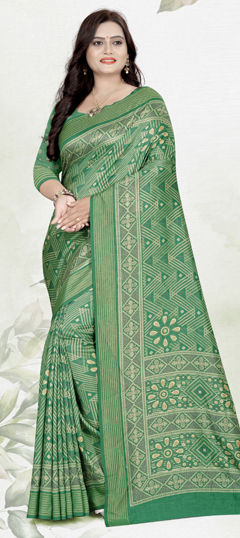 Green color Saree in Tussar Silk fabric with Printed work