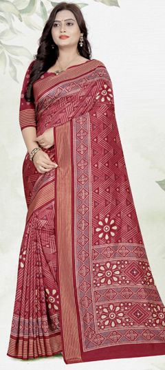 Red and Maroon color Saree in Tussar Silk fabric with Printed work
