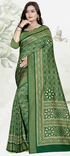 Green color Saree in Tussar Silk fabric with Printed work