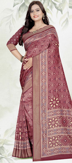 Red and Maroon color Saree in Tussar Silk fabric with Printed work