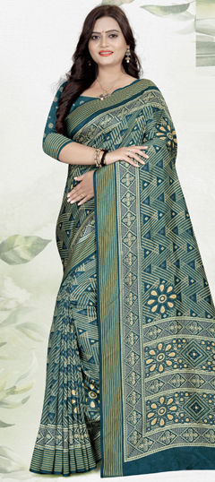 Blue color Saree in Tussar Silk fabric with Printed work