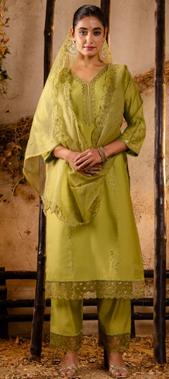 Green color Salwar Kameez in Viscose fabric with Embroidered, Sequence, Thread work