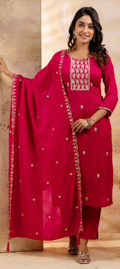 Pink and Majenta color Salwar Kameez in Blended fabric with Embroidered, Sequence, Thread work