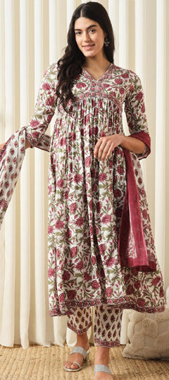 Red and Maroon, White and Off White color Salwar Kameez in Cotton fabric with Floral, Printed work