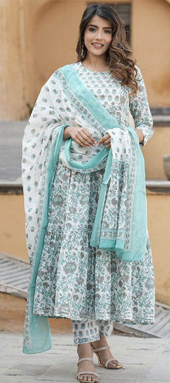 Blue, White and Off White color Salwar Kameez in Cotton fabric with Floral, Gota Patti, Printed work