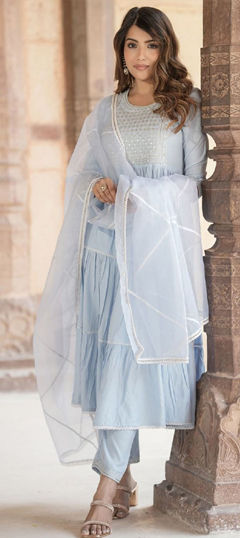Black and Grey color Salwar Kameez in Cotton fabric with Embroidered, Sequence, Thread work