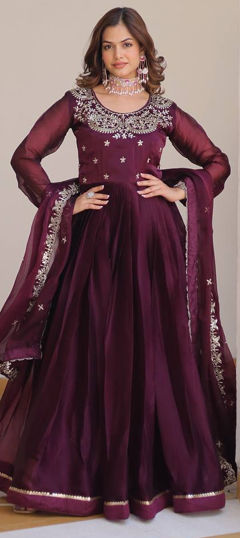 Pink and Majenta color Gown in Art Silk fabric with Embroidered, Thread work