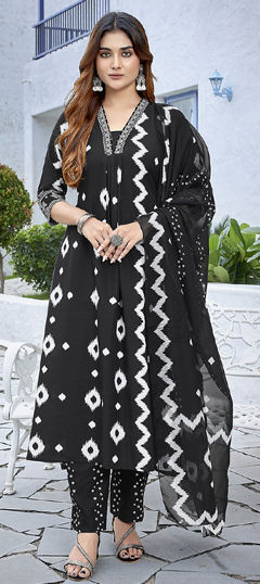 Black and Grey color Salwar Kameez in Viscose fabric with Embroidered, Printed work