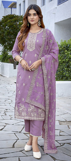 Purple and Violet color Salwar Kameez in Chanderi Silk fabric with Embroidered work