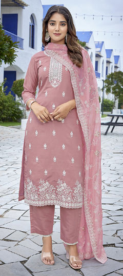 Pink and Majenta color Salwar Kameez in Chanderi Silk fabric with Embroidered work