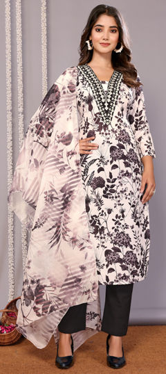 Black and Grey, White and Off White color Salwar Kameez in Blended Cotton fabric with Embroidered, Thread work