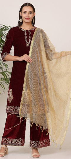 Red and Maroon color Salwar Kameez in Velvet fabric with Embroidered, Thread work