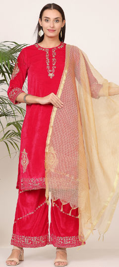 Pink and Majenta color Salwar Kameez in Velvet fabric with Embroidered, Thread work