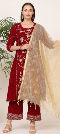 Red and Maroon color Salwar Kameez in Velvet fabric with Embroidered, Thread work
