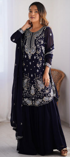Blue color Salwar Kameez in Faux Georgette fabric with Embroidered, Sequence, Thread work