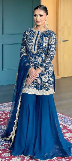 Blue color Salwar Kameez in Faux Georgette fabric with Embroidered, Sequence, Thread work