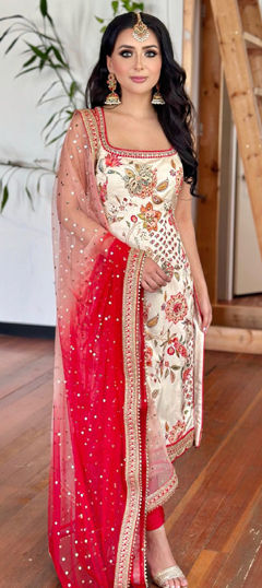 White and Off White color Salwar Kameez in Georgette fabric with Floral, Printed, Sequence work