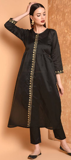 Black and Grey color Salwar Kameez in Silk fabric with Embroidered work