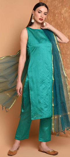 Green color Salwar Kameez in Silk fabric with Thread work