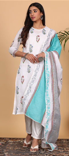 White and Off White color Salwar Kameez in Cotton fabric with Block Print work