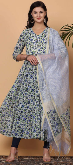 Blue, White and Off White color Salwar Kameez in Cotton fabric with Block Print work