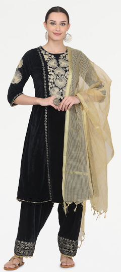 Black and Grey color Salwar Kameez in Velvet fabric with Embroidered, Thread work