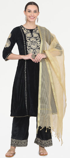 Black and Grey color Salwar Kameez in Velvet fabric with Embroidered, Thread work