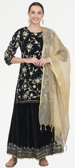 Black and Grey color Long Lehenga Choli in Velvet fabric with Embroidered, Thread work