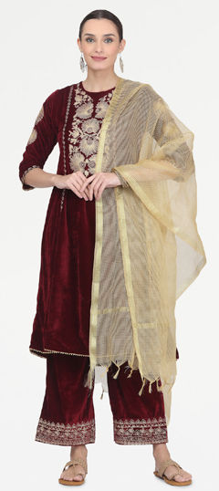 Red and Maroon color Salwar Kameez in Velvet fabric with Embroidered, Thread work