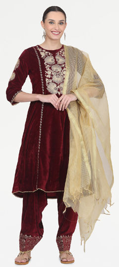 Red and Maroon color Salwar Kameez in Velvet fabric with Embroidered, Thread work