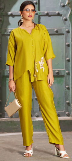 Yellow color Co-ords Set in Silk cotton fabric with Embroidered work