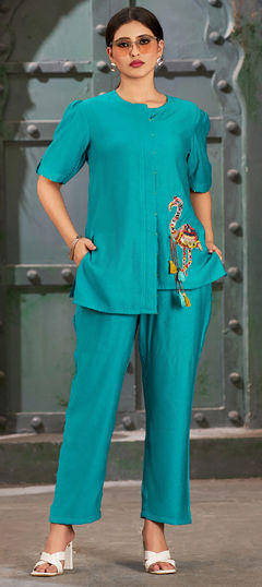 Blue, Green color Co-ords Set in Silk cotton fabric with Embroidered work