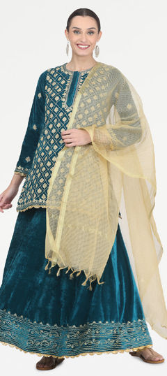 Blue color Long Lehenga Choli in Velvet fabric with Embroidered, Thread work