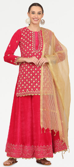 Pink and Majenta color Long Lehenga Choli in Velvet fabric with Embroidered, Thread work