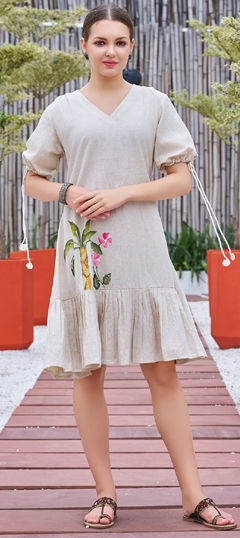 White and Off White color Dress in Cotton fabric with Floral, Printed, Sequence work