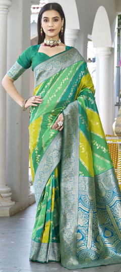 Green color Saree in Banarasi Silk fabric with Weaving, Zari work