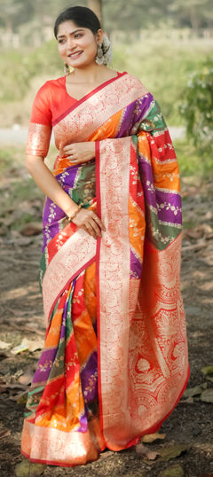 Red and Maroon color Saree in Banarasi Silk fabric with Weaving, Zari work