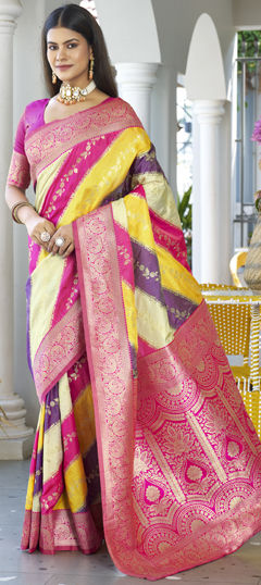 Yellow color Saree in Banarasi Silk fabric with Weaving, Zari work