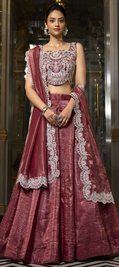 Beige and Brown color Lehenga in Crushed Silk fabric with Embroidered, Sequence, Thread work
