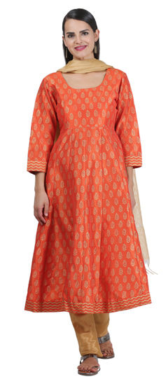 Orange color Salwar Kameez in Silk fabric with Block Print work
