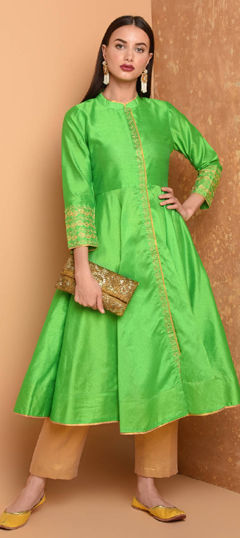 Green color Salwar Kameez in Silk fabric with Embroidered work