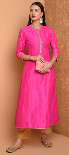 Pink and Majenta color Salwar Kameez in Silk fabric with Embroidered work