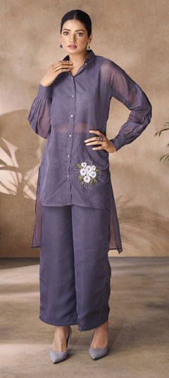 Black and Grey color Co-ords Set in Organza Silk fabric with Bugle Beads, Cut Dana, Moti, Thread work