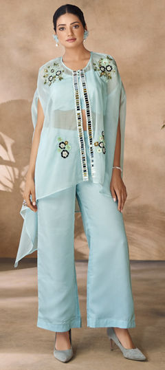 Blue color Co-ords Set in Organza Silk fabric with Cut Dana, Moti, Sequence work
