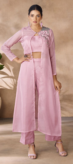 Pink and Majenta color Co-ords Set in Organza Silk fabric with Cut Dana, Moti, Sequence work