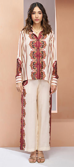 Beige and Brown color Co-ords Set in Muslin fabric with Printed work