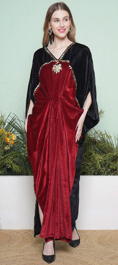 Red and Maroon color Dress in Velvet fabric with Sequence work