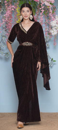 Beige and Brown color Dress in Velvet fabric with Cut Dana work