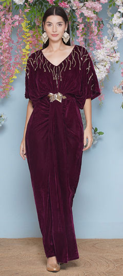 Purple and Violet color Dress in Velvet fabric with Cut Dana work