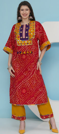 Red and Maroon color Salwar Kameez in Art Silk fabric with Bandhej, Printed work